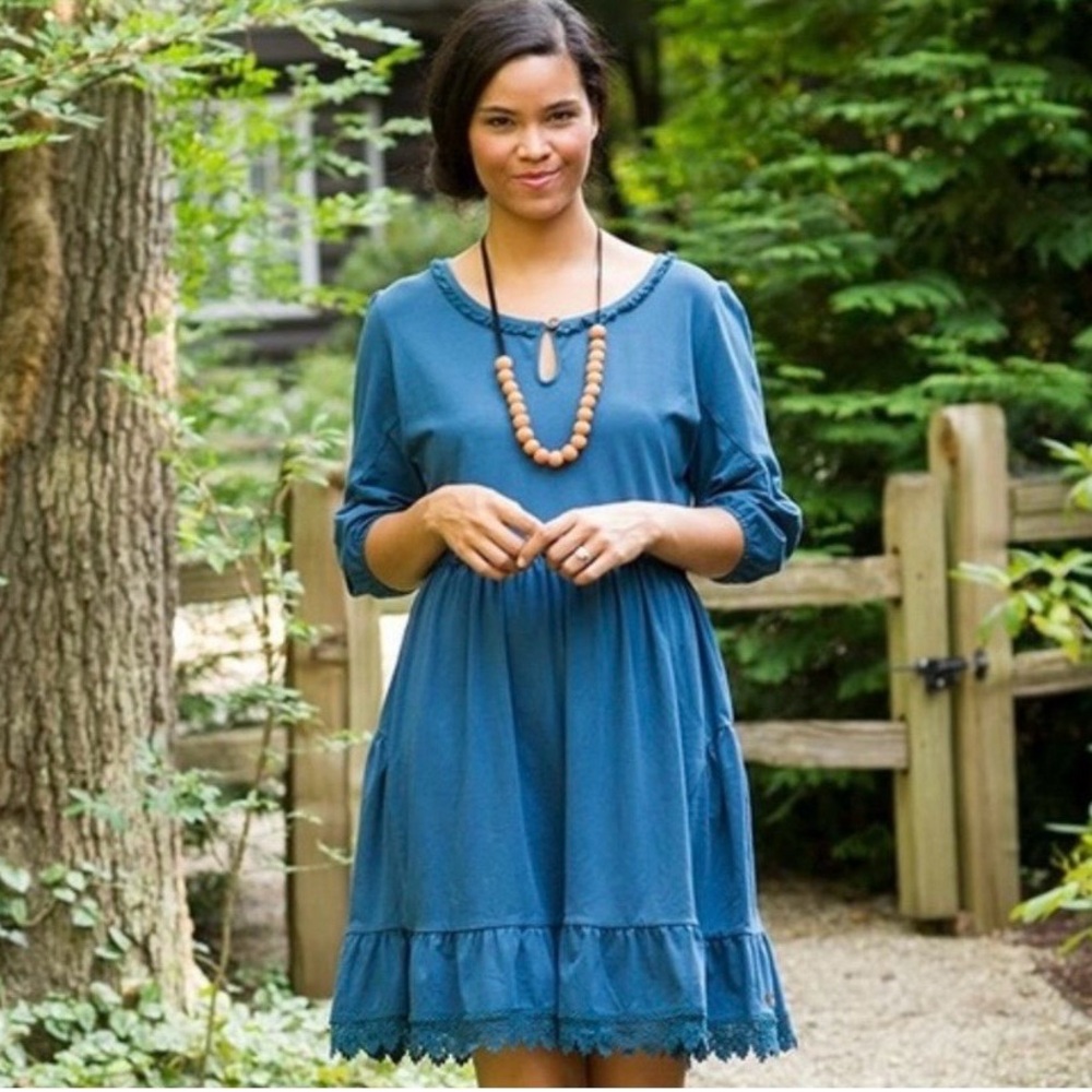 Matilda Jane Teal Blue Three-Quarter Sleeve Ruffle Hem Dress NWOT